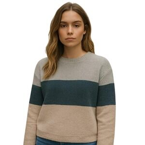 Como Vintage Cozy Color Block Sweater Tricolor Grey Navy Beige Casual Pullover L